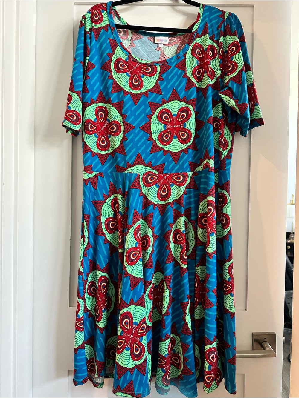 LuLaRoe Nicole Dress Blue with Red and Green Floral Medallions